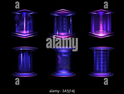 Portale di gioco. Effetto ologramma luce al neon. Interfaccia digitale quadrata con laser viola. Telaio luminescente spazio. Piattaforma di teletrasporto 3D. Podio di teletrasporto circolare. Scintille brillanti. Set di elementi Sci-fi vettoriali Illustrazione Vettoriale