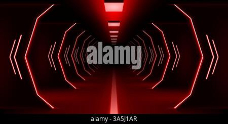 Sfondo rosso. Luce casinò al neon. Il futuristico palcoscenico da festa in 3D con effetto dinamico della tecnologia dei giocatori. Sala vuota. Vista in prospettiva. Luce spot a LED brillante. Passerella scura. Banner astratto vettoriale Illustrazione Vettoriale