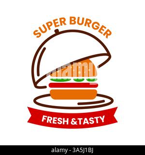 Logo Burger. Design hamburger in stile minimal. Cheeseburger sul piatto. Emblema o etichetta. Menu fresco e gustoso. Ristorante e caffetteria con sandwich. Logotipo fast food. Illustrazione isolata piatta vettoriale Illustrazione Vettoriale