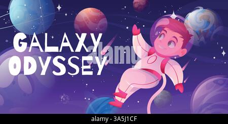 Ragazzo spaziale. Simpatico pianeta astronauta avventura su razzo, luna infantile e universo stellare. Mondo terrestre, sole e scienza spaziale. Sfondo orizzontale. Striscione futuristico per bambini. Progettazione di cartoni animati vettoriali Illustrazione Vettoriale