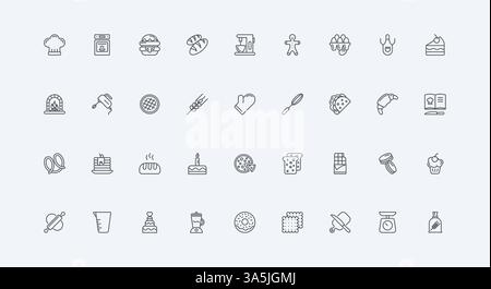 Ingredienti e pasticceria strumenti per cuocere pane e torta dolce, cappello dello chef, mattarello, simboli sottili di contorno neri illustrazione vettoriale. Set di icone per pasticceria, panetteria e pasticceria Illustrazione Vettoriale