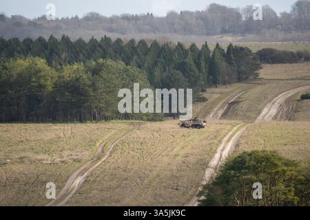 L'esercito britannico Supacat Coyote 6x6 si muove attraverso la campagna Foto Stock
