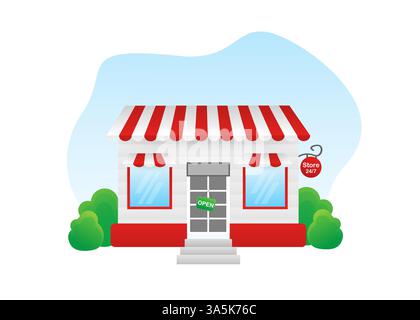 Facciata esterna anteriore del negozio o del mercato. Illustrazione vettoriale, design piatto. Pagamento negozio online. Piccola impresa. Etichetta del punto vendita. Illustrazione Vettoriale