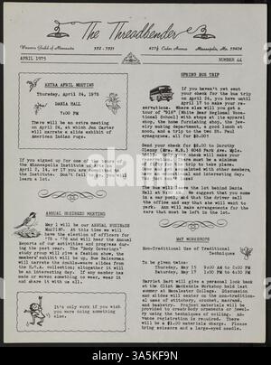Il 44° numero della newsletter "Threadbender", pubblicata nell'aprile 1975, discute dei prossimi eventi di corporazione come l'annuale riunione aziendale, un viaggio in autobus primaverile alla White Bear area Vocational School e un workshop sulle tecniche di tessitura non tradizionali. Copre anche i rapporti su precedenti eventi della gilda, tra cui una mostra al St. Paul Student Center. Foto Stock
