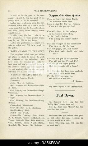Pubblicato dagli studenti della Mankato State Normal School, 'The Mankatonian' era una rivista mensile che documentava la vita scolastica, inclusi eventi accademici, poesia, articoli e pubblicità. Questo numero, da dicembre 1907, riflette la vibrante cultura studentesca del tempo. È stato sostituito da "School Spirit" dopo aver cessato la pubblicazione nel 1913. Foto Stock
