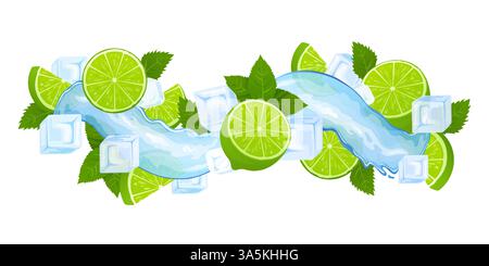 Frutta al lime, foglie di menta, cubetti di ghiaccio e spruzzi. bevanda vettoriale 3d. Esplosione con fette di agrumi Illustrazione Vettoriale