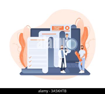 Scheda paziente. Illustrazione vettoriale del design piatto. Scheda paziente con persone ed elementi. Assistenza sanitaria. Infografica medica. Illustrazione Vettoriale