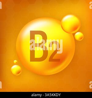 Icona di capsula della pillola dorata di vitamina B2. Illustrazione del vettore del capsula della pillola su sfondo isolato giallo Illustrazione Vettoriale