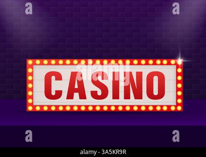 Casinò con banner retrò sullo sfondo viola. Effetto luce. Stella luminosa. Banner di progettazione vettoriale. Segno di gioco. Illustrazione Vettoriale