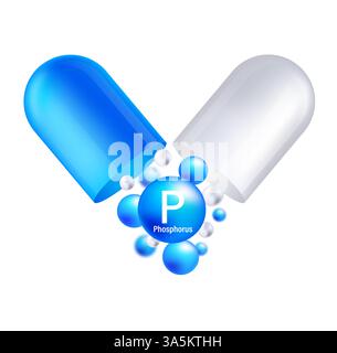 Fosforo, P. icona struttura elemento chimico forma rotonda cerchio azzurro. Elemento chimico della tavola periodica Illustrazione Vettoriale