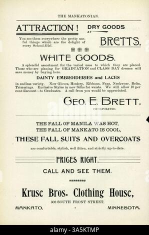 Questa edizione di 'The Mankatonian' del maggio 1900 include articoli su vari aspetti della vita studentesca alla Mankato State Normal School, da argomenti accademici ed eventi sociali a pubblicità per le imprese locali. Come pubblicazione mensile, ha documentato l'atmosfera educativa e sociale della scuola dal 1891 al 1913. Foto Stock