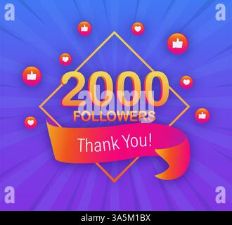 2000 follower, grazie, post sui siti social. Grazie follower poster di congratulazioni. Illustrazione vettoriale Illustrazione Vettoriale