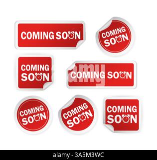 Adesivo rosso disponibile a breve su sfondo bianco per il design della promozione. Etichetta vintage. Pulsante rotondo. Icona vettoriale. Illustrazione Vettoriale