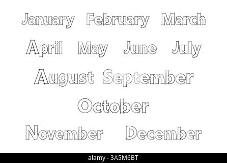 Mese in maiuscolo disegnato a mano i nomi dell'anno per adesivi, calendari, volantini, design di siti Web. Illustrazione Vettoriale