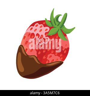 Fragola succosa immersa nel cioccolato fuso. Illustrazione del vettore del dessert alla frutta isolata su sfondo bianco Illustrazione Vettoriale