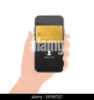 Astratta carta di credito con smartphone per la progettazione di app mobili. Mano che tiene lo smartphone. Illustrazione Vettoriale