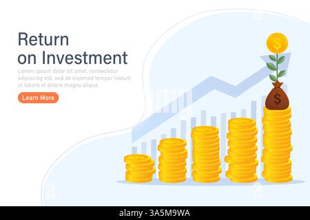 ROI, misurazione della performance del ritorno sugli investimenti grazie ai costi investiti e all'efficienza dei profitti. La crescita del business è la freccia del successo. Illustrazione vettoriale Illustrazione Vettoriale