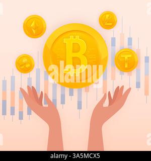 Per la progettazione concettuale. Illustrazione cartoon della crescita del bitcoin. Scambio Bitcoin. Concetto di valuta cripto Illustrazione Vettoriale