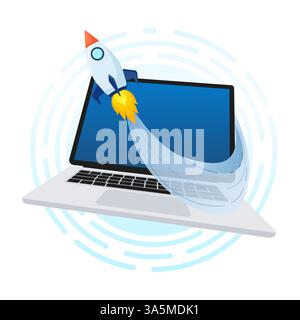Lancio del razzo dallo schermo del notebook. Razzo in decollo. Avvio aziendale, lancio di nuovi prodotti o servizi. Illustrazione vettoriale Illustrazione Vettoriale