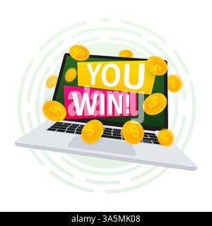 Si vince un modello di design di banner per poster vettoriali. Moneta da un dollaro sul monitor. Illustrazione vettoriale Illustrazione Vettoriale