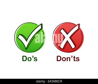 Badge rosso e verde da fare e da non perdere. Design grafico del logotipo di informazioni disegnato a mano isolato su sfondo bianco. Illustrazione Vettoriale