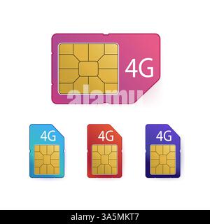 Set di schede SIM 4G. Simbolo della tecnologia delle telecomunicazioni mobili. Illustrazione vettoriale. Illustrazione Vettoriale