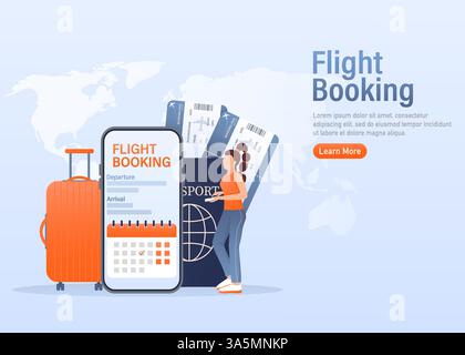 Design del volantino per il design della promozione. Pagina di destinazione illustrazione prenotazione biglietti aerei online. Illustrazione vettoriale del design piatto. Icona del vettore di viaggio. Illustrazione Vettoriale