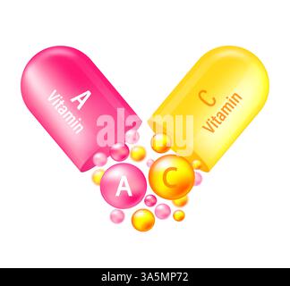 Complesso vitaminico A e C. capsula Yelllow e rosa con vitamina A e C su sfondo bianco. Illustrazione vettoriale. Illustrazione Vettoriale