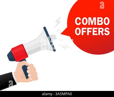 Il modello con combo rosso offre un megafono su sfondo bianco per il design del volantino. Illustrazione vettoriale in stile piatto. Illustrazione Vettoriale