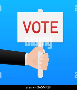Vota cartellone in stile cartone animato su sfondo blu. Icona cartoni animati su sfondo blu. Illustrazione vettoriale. Illustrazione Vettoriale
