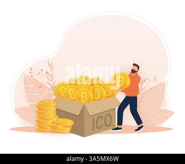 Offerta iniziale di monete, illustrazione vettoriale del processo di produzione di token ICO. Desk di trading di criptovalute, futures su bitcoin, tecnologia finanziaria Illustrazione Vettoriale