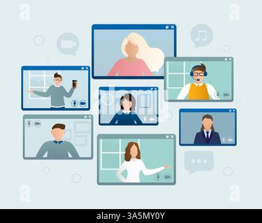 Illustrazione piatta. Videoconferenza. Videochiama tra amici, chatta online tramite app mobile. Resta a casa, lavora, comunica in remoto. Vettore Illustrazione Vettoriale