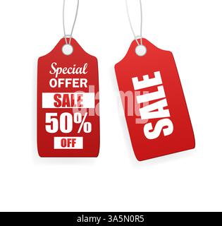 Etichetta di vendita vintage, design eccellente per qualsiasi scopo. Saldi il cartellino rosso su sfondo bianco. Etichetta vuota. Illustrazione Vettoriale