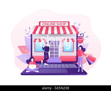 Addetti allo shopping in linea, design eccellente per qualsiasi scopo. Vettore icona notebook. Illustrazione del vettore piatto del cartoni animati. Concetto di telefono per la consegna online. Illustrazione Vettoriale