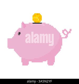 Concetto di risparmio economico. Salvadanaio e mano con i dollari. Immagine in stile pixel con un risparmio di denaro. Illustrazione Vettoriale