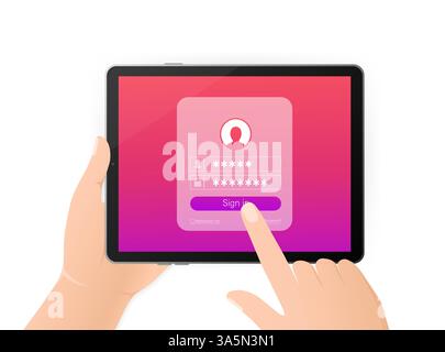 Accedi alle mani del tablet, design eccezionale per qualsiasi scopo. Disegno piatto dell'illustrazione vettoriale. Schermo del notebook. Vettore icona telefono. Pulsante Cartoon con accesso Illustrazione Vettoriale