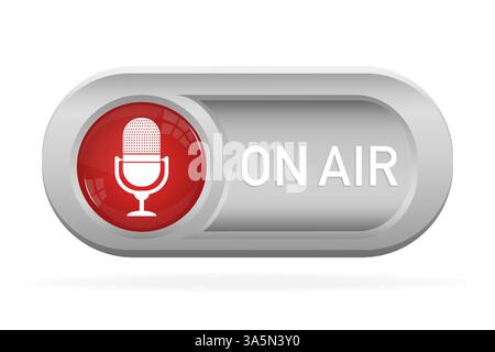 pulsante on air 3d per la progettazione di striscioni. Pulsante rosso sull'aria con sfondo chiaro. Pulsante Internet su sfondo bianco. Illustrazione vettoriale. Illustrazione Vettoriale