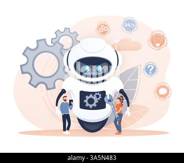 Imposta bot in stile cartone animato. Concetto di marketing sui social media. Social network globale Illustrazione Vettoriale