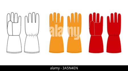 Set di guanti per saldatura accessorio mano da lavoro cartone animato rosso arancione e abbigliamento da disegno con mockup piatto indumento per illustrazione tecnica. Vettoriale per uomo, donna, modello CAD unisex contorno su sfondo bianco Illustrazione Vettoriale