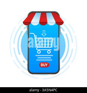 Smartphone manuale per lo shopping online per la progettazione di dispositivi mobili. Smartphone con concetto di shopping. Pagamento negozio online. Illustrazione vettoriale isometrica. Illustrazione Vettoriale