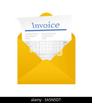 Icona piatta con fattura gialla con busta per la progettazione di report finanziari. Illustrazione piatta isolata. Illustrazione Vettoriale