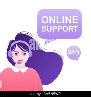 Personaggi dei cartoni animati online supportano le persone. Illustrazione di un cartone animato piatto vettoriale. Salute mentale. Sfondo astratto. Landing page isometrica per call center. Illustrazione Vettoriale