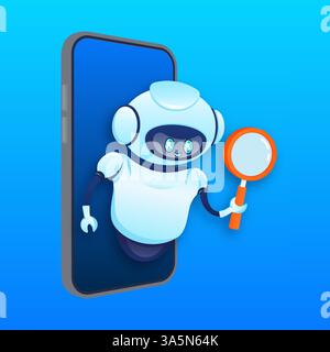 Cerca bot in stile cartone animato. Intelligenza artificiale. Vettore isometrico. Illustrazione vettoriale Illustrazione Vettoriale