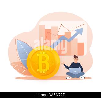 Per la progettazione concettuale. Illustrazione cartoon della crescita del bitcoin. Scambio Bitcoin. Concetto di valuta cripto Illustrazione Vettoriale