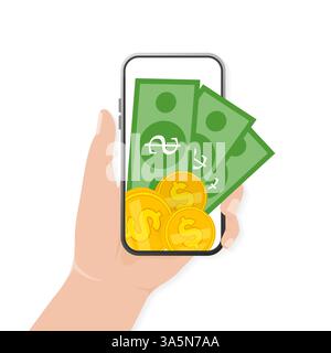 Portafoglio elettronico. App di Internet banking. Web design, app mobile. Mano che tiene lo smartphone. Vettore icona telefono. Schermo dello smartphone. Illustrazione Vettoriale