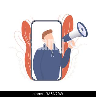 Uomo con megafono in stile retrò su sfondo giallo. Uomo con megafono, grande design per qualsiasi scopo. Illustrazione vettoriale. Illustrazione Vettoriale