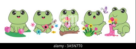 Set online clipart disegno rana. Simpatico personaggio di rana verde seduto in foglia, legno, suonare la chitarra, tenere in mano elementi bouquet clip art in Happy Illustrazione Vettoriale
