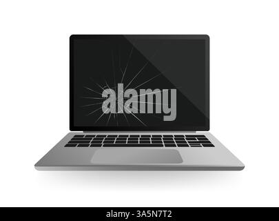 Illustrazione moderna con laptop in vetro rotto per un concept design. Icona del servizio di assistenza. Schermo dello smartphone. Schermo del notebook. Oggetto isolato. Internet Illustrazione Vettoriale