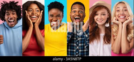 Allegro gruppo di amici diversi che si divertono con i colori vivaci Foto Stock