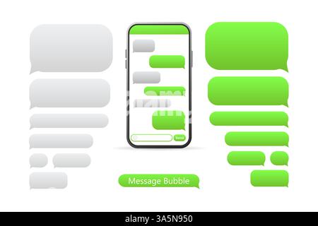 Smartphone con icone di messaggio verdi per la chat. Modello di disegno bolle messaggio vettoriale. Illustrazione Vettoriale